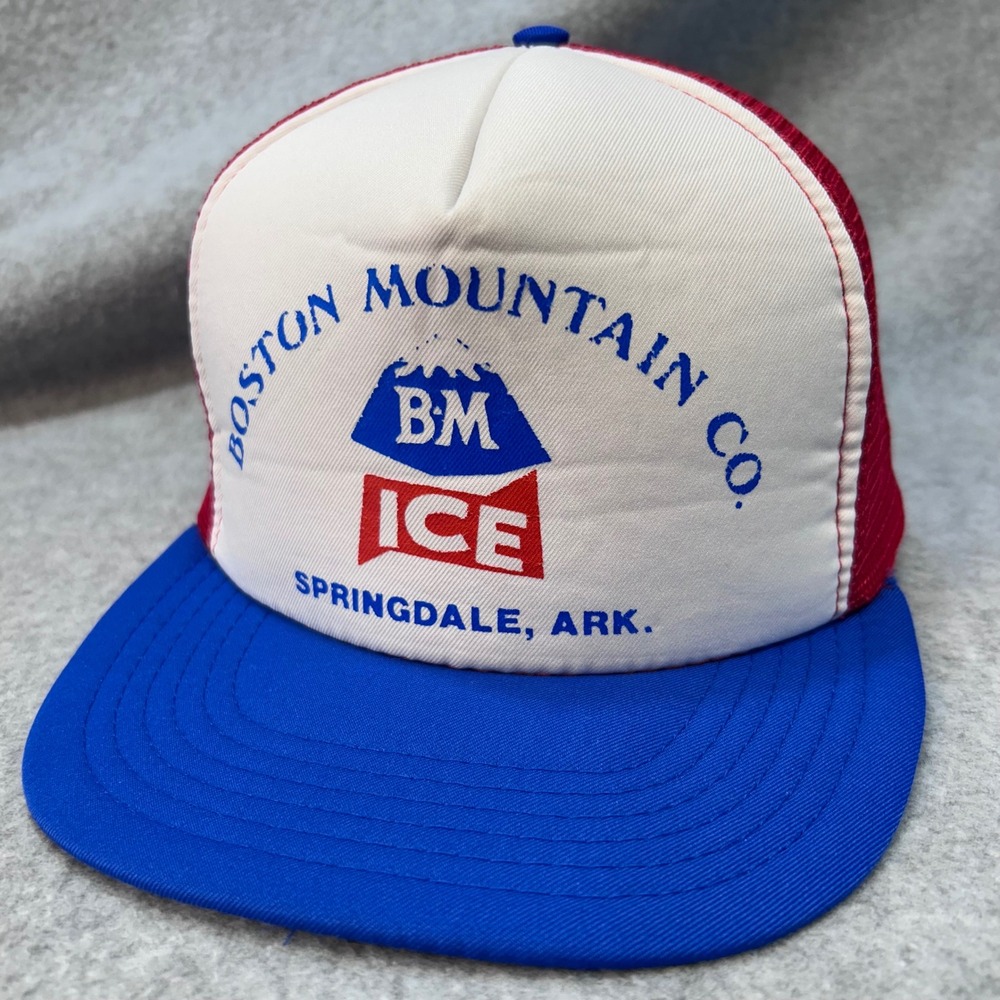 Boston Mountain Co BM Ice Mens Red Blue Johnson Caps Trucker Hat Snapback OSFM
